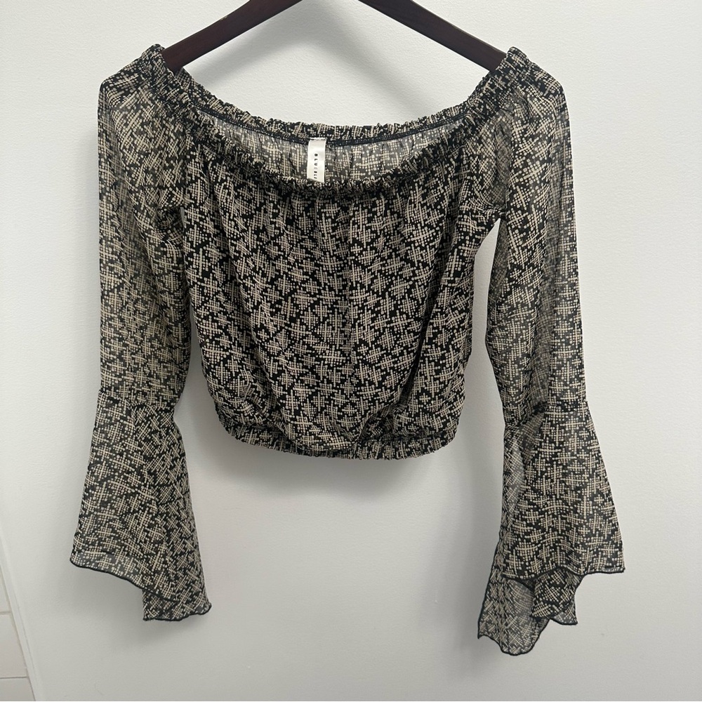 Blue Blush Off Shoulder Cropped Black Tan Gold Boho Top Bell Sleeves Medium